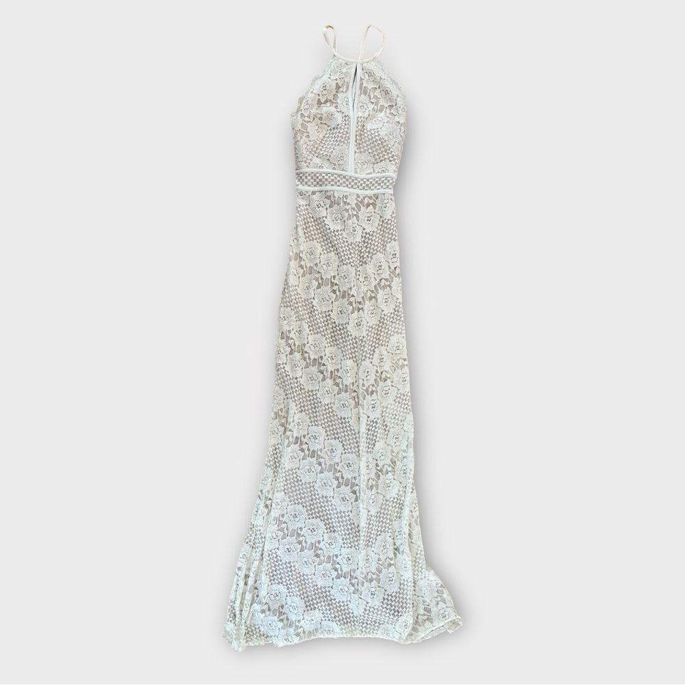 Morgan and Co Fancy White Lace Halter Dress
